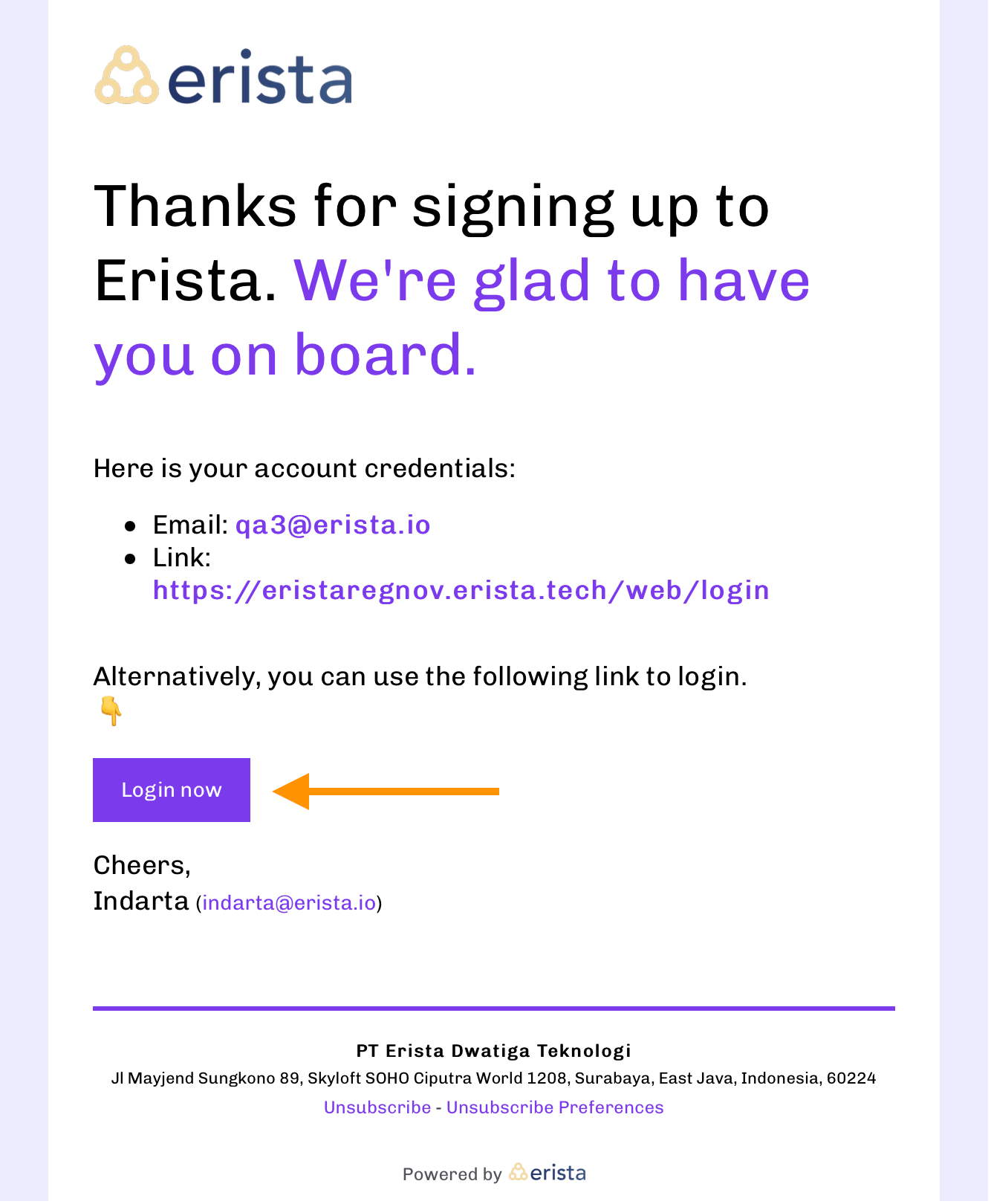 Erista registration success email